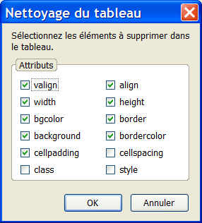 extension table nette : panneau de sélection des attributs à supprimer